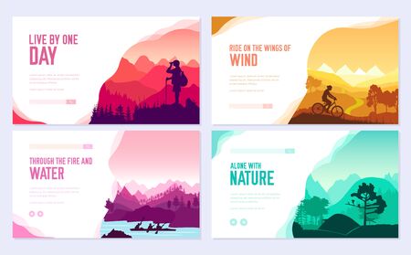 Sport rest day vector brochure cards set. Tourism on nature template of flyear, web banner, ui header, enter site. Invitation concept background. Layout illustration modern slider pageのイラスト素材