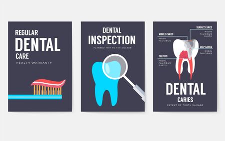 Dental office interior information cards set. Hygiene template of flyear, magazines, posters, book cover, banners. Clinic infographic concept background. Layout dentistry illustrations modernのイラスト素材