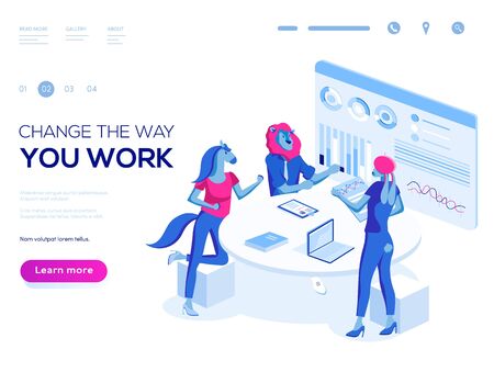 Landing page template. 3d vector isometric illustration. People work in a team and interact with graphs. Business, workflow management and office situations.のイラスト素材