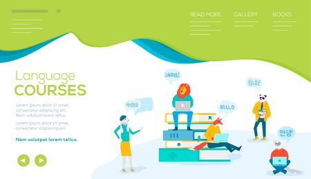 Flat characters study foreign languages in courses.のイラスト素材