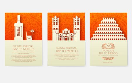 Set of Mexico country ornament illustration concept. Art traditional, poster, book, poster, abstract, ottoman motifs, element. Vector decorative ethnic greeting card or invitation designのイラスト素材