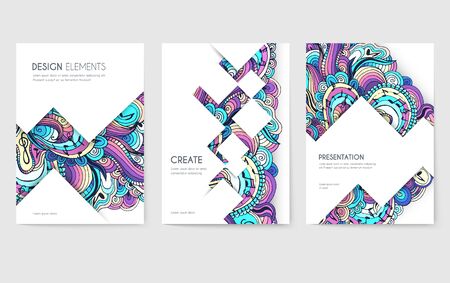Abstract vector brochure cards set. Music art template of flyear, magazines, posters, book cover, banners. Colorful design invitation concept background. Layout ornament illustrations modernのイラスト素材