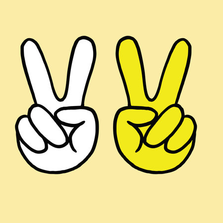 Vector illustration of a hand showing victory and peace signs. Isolated on yellow background.のイラスト素材