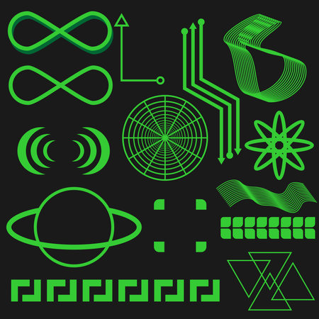 Set of abstract technological elements. Vector illustration. Green and black colors.のイラスト素材