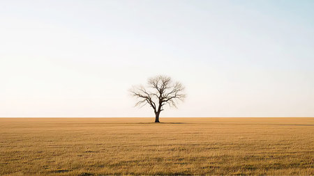 AI generated 4K minimal landscape showing a single tree standing in an open desert field with warm tones and soft light. The composition represents isolation, simplicityの写真素材