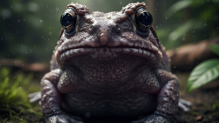 A highly detailed macro image of a frog with large reflective eyes and moist skin textures, captured in a natural forest environment with refined 4k ai quality.の写真素材