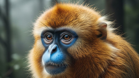 A highly detailed 4k ai wildlife portrait of a golden snub-nosed monkey with vibrant golden fur and a bright blue face illuminated by soft forest lightの写真素材