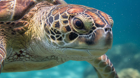 A highly detailed 4k ai underwater portrait of a sea turtle swimming gracefully, showcasing its...