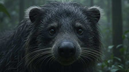 A highly detailed 4k ai wildlife portrait of a binturong featuring dense dark fur, long whiskers,...