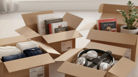 A detailed 4k ai image showing multiple open cardboard boxes filled with assorted products including...