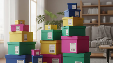 A vibrant 4k ai image featuring a large stack of colorful shipping boxes with clear delivery labels representing packaging operations warehouse logistics and high volume ecommerceの写真素材