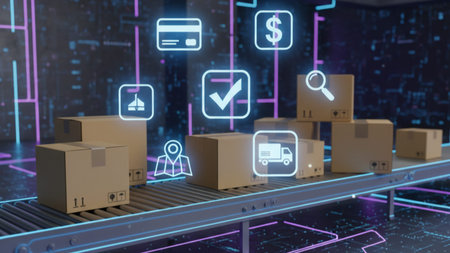 A high detail 4k ai depiction of a futuristic automated warehouse featuring glowing logistics icons floating above conveyor systems representing technology driven supply chainの写真素材