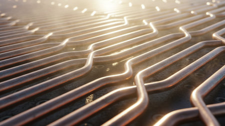 This image shows an intricate network of metallic pipes or cables arranged in an orderly manner, designed to represent flowing energy or heat in an advanced industrial 4K AIの写真素材