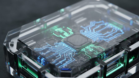 A transparent futuristic electronic chip revealing illuminated blue and green circuit lines...