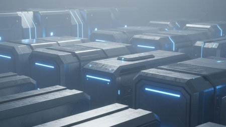 This image shows a series of futuristic energy or data modules arranged in a high-tech facility...