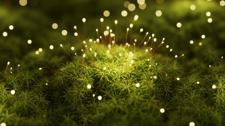 This image depicts a tiny glowing plant emitting digital-like light nodes atop a lush moss surface, combining natural microflora with futuristic illumination rendered in 4k aiの写真素材