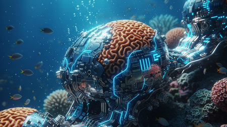 This image illustrates a futuristic brain-like coral structure glowing with neon biotech elements...