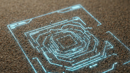This image shows a blue glowing technological circuit symbol embedded on a sandy textured surface, combining futuristic digital design with natural granular detail rendered 4k AIの写真素材