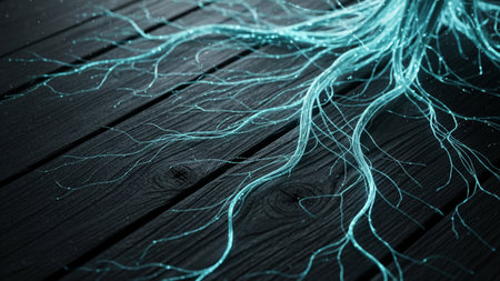 This image shows softly glowing biological roots or fibers spreading across and merging with a dark wooden surface, blending natural organic textures with subtle futuristic 4K AIの写真素材