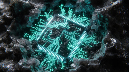 This image presents a mysterious green glowing circuit-like symbol emerging from a dark rocky...
