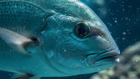 This image showcases a bluefish or trevally species featuring a streamlined metallic blue body,...
