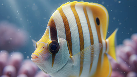 This image features a copperband butterflyfish characterized by its striking yellow and white vertical bands, elongated snout, and elegant flat body 4K AIの写真素材