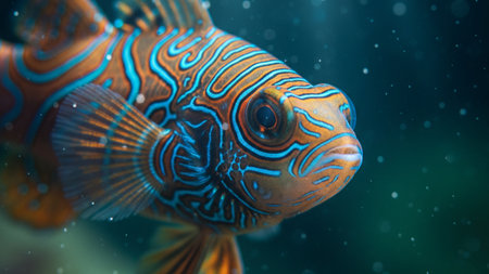 This image features a mandarin fish displaying exceptionally bright orange and blue abstract patterns resembling neon paint strokes. Rendered in ultra-detailed 4k AIの写真素材