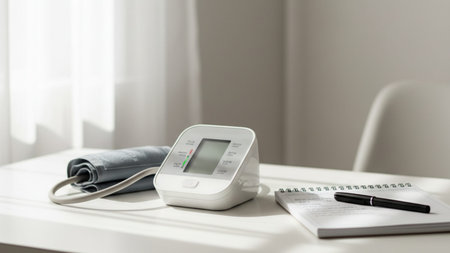 A hyper-realistic 4k ai image of a digital blood pressure monitor placed on a clean desk alongside a notebook for home health trackingの写真素材