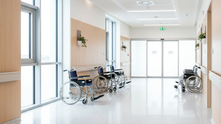 A bright and modern hospital corridor featuring wheelchairs clean walls and polished flooring representing a professional medical environment designed for patient care safety 4K AIの写真素材