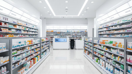 A bright modern pharmacy interior with fully stocked shelves featuring health medicines supplements and medical products representing retail healthcare environment capturedの写真素材