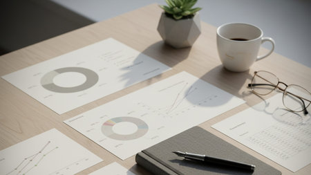 This image displays business documents charts and reports arranged on a desk representing data...