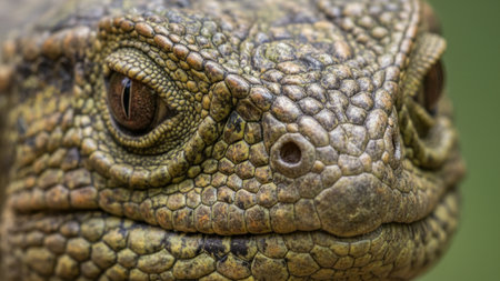 A highly detailed 4k ai close-up reptile portrait of a lizard showing its green-brown scales, textured skin, and alert expression. The image capturesの写真素材