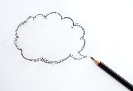 Speech bubble drawing by one black pencil on whiteの写真素材