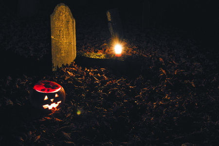 Halloween pumpkin on the cemetryの写真素材