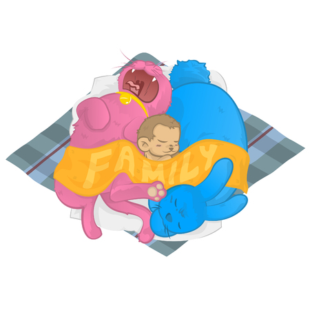 Cat Dog Monkey family sleeping together sharing one blanketのイラスト素材