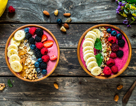 Healthy breakfast bowl with fresh berries, granola and yogurt on wooden backgroundの素材
