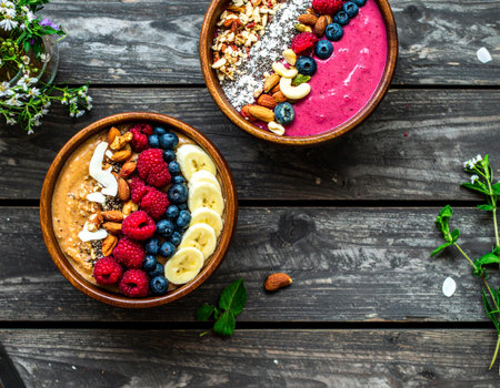 Healthy breakfast bowl with oatmeal, berries, banana, chia seeds and nuts on wooden backgroundの素材