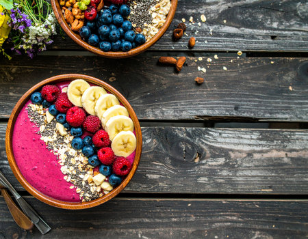 Healthy breakfast bowl with blueberry, raspberry, banana and chia seeds on wooden backgroundの素材