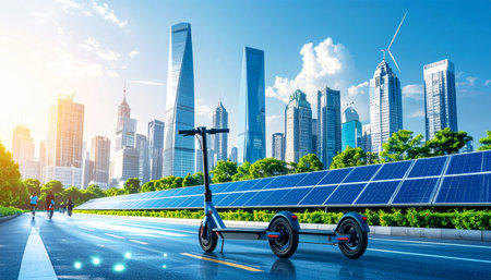 Electric scooter with solar panel and modern skyscrapers in Shanghai, Chinaの素材