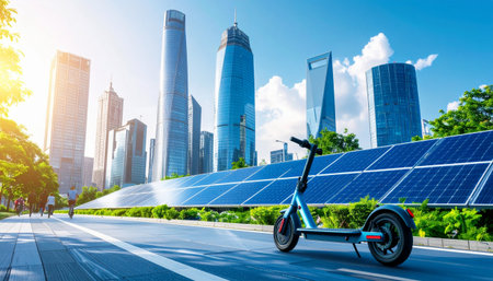 Electric scooter and solar panels in Shanghai, China. The concept of alternative energy.の素材