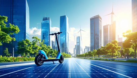 Electric scooter and solar panels in modern city. 3d renderingの素材