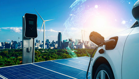 Electric car charging with solar panels and wind turbines on the city backgroundの素材
