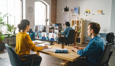 Group of business people having video conference on computer in office. Business people using video conference on computer.の素材
