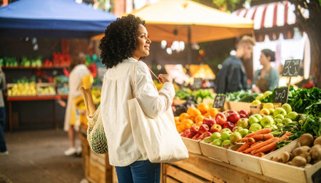 African american woman buying fruits and vegetables at farmers market. Black woman shopping at local market.の素材