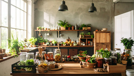 Kitchen interior in loft style with wooden furniture and shelves with different vegetablesの素材