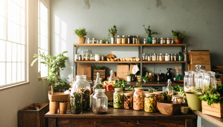 Herbs and spices in glass jars on wooden table in modern kitchenの素材