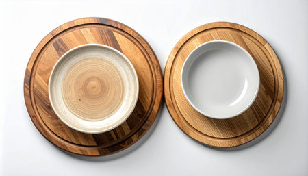 Wooden plates on a white background. Top view. Copy space.の素材