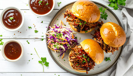 Homemade pulled pork buns with coleslaw and ketchup on white wooden background, top viewの素材