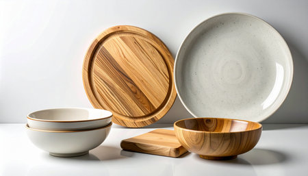 Wooden plates and bowls on a white background. 3d renderingの素材