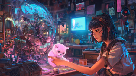 Girl with a toy cat in her hand. 3D rendering.の素材